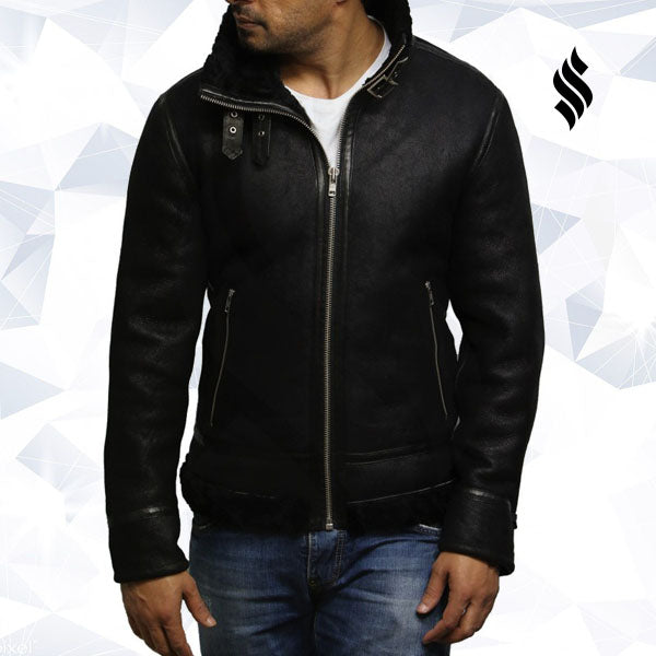 Men's Aviator Black B3 World War2 Real Shearling Sheepskin Flying Jacket - Shearling leather