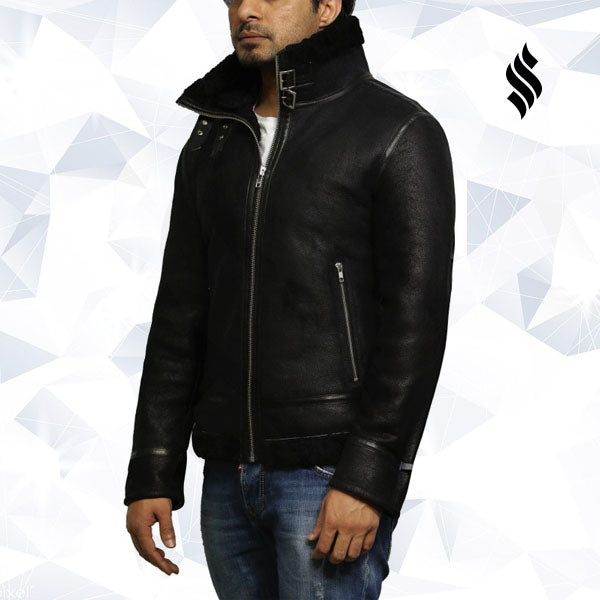 Men's Aviator Black B3 World War2 Real Shearling Sheepskin Flying Jacket - Shearling leather