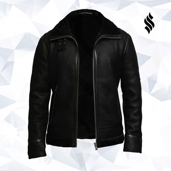 Men's Aviator Black B3 World War2 Real Shearling Sheepskin Flying Jacket - Shearling leather