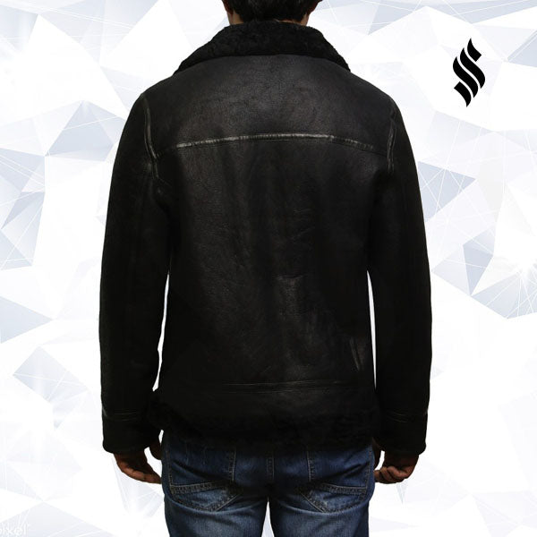 Men's Aviator Black B3 World War2 Real Shearling Sheepskin Flying Jacket - Shearling leather