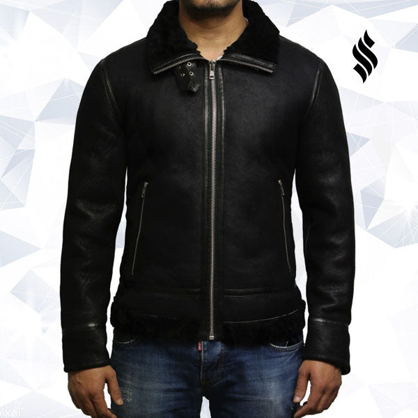 Men's Aviator Black B3 World War2 Real Shearling Sheepskin Flying Jacket - Shearling leather