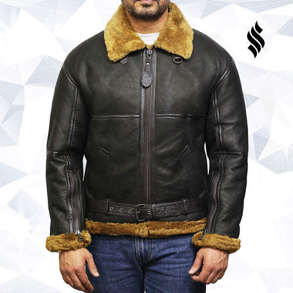 Men's Aviator Real Shearling Sheepskin Leather Bomber Flying Jacket - Shearling leather