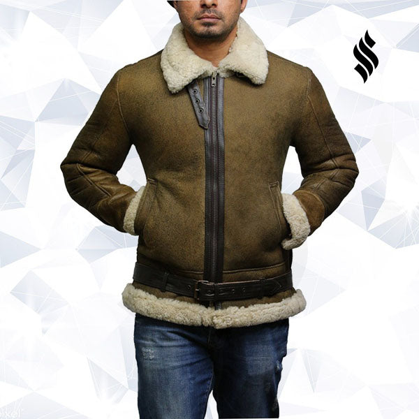 Men's Aviator Real Shearling Sheepskin Leather Bomber Flying Jacket - Shearling leather