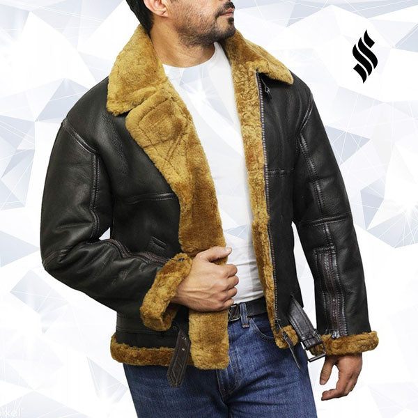 Men's Aviator Real Shearling Sheepskin Leather Bomber Flying Jacket - Shearling leather