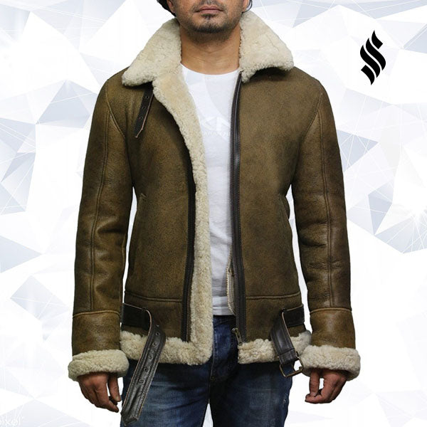 Men's Aviator Real Shearling Sheepskin Leather Bomber Flying Jacket - Shearling leather