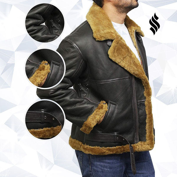 Men's Aviator Real Shearling Sheepskin Leather Bomber Flying Jacket - Shearling leather