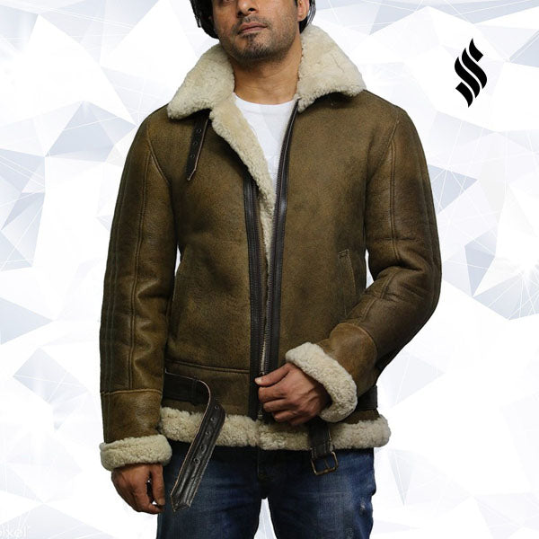 Men's Aviator Real Shearling Sheepskin Leather Bomber Flying Jacket - Shearling leather