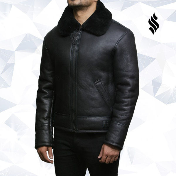 Men's Black Aviator B3 Real Shearling Sheepskin Leather Bomber Flying Pilot Jacket - Shearling leather