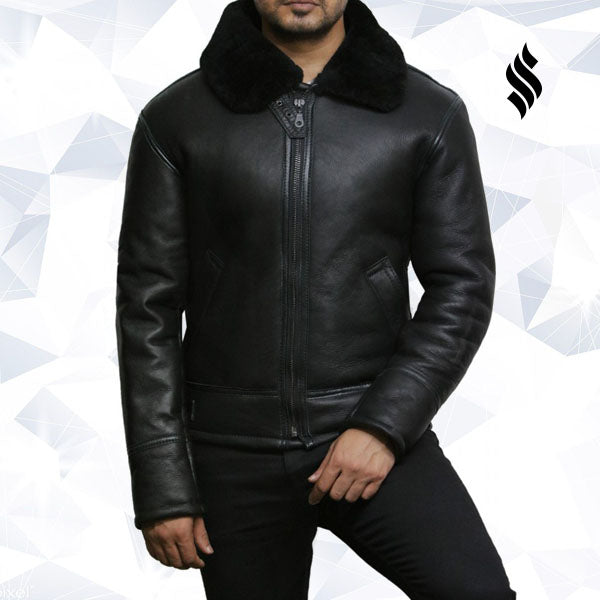 Men's Black Aviator B3 Real Shearling Sheepskin Leather Bomber Flying Pilot Jacket - Shearling leather