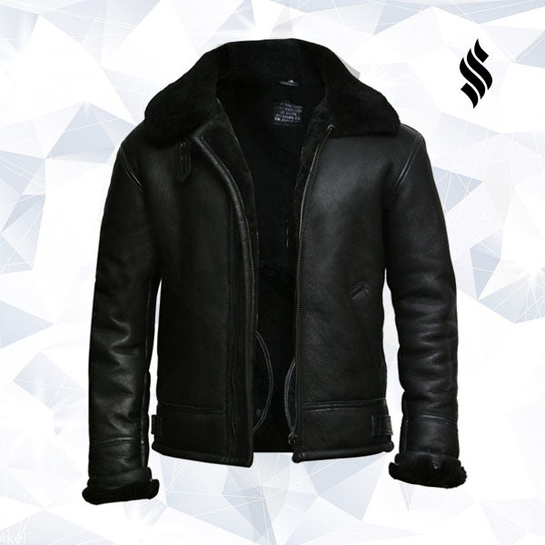 Men's Black Aviator B3 Real Shearling Sheepskin Leather Bomber Flying Pilot Jacket - Shearling leather