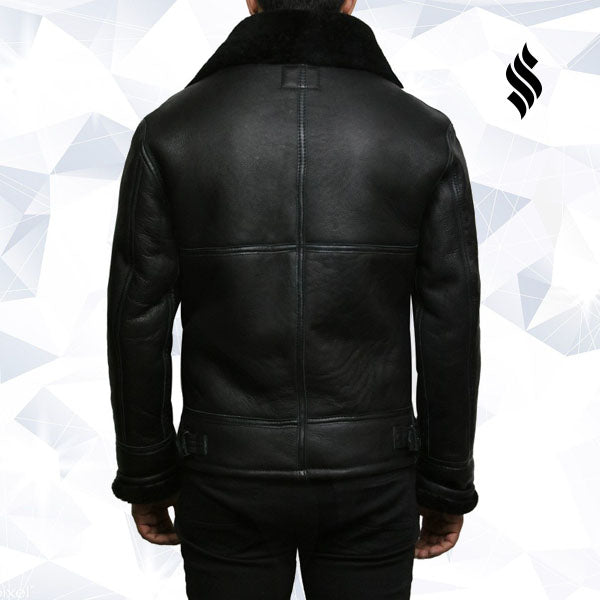 Men's Black Aviator B3 Real Shearling Sheepskin Leather Bomber Flying Pilot Jacket - Shearling leather