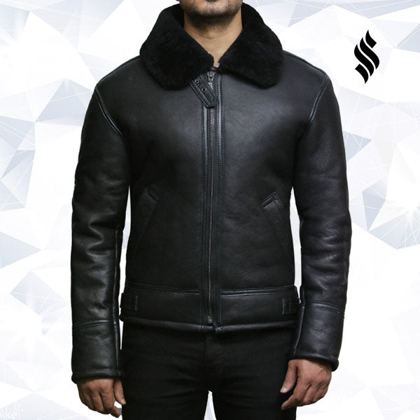 Men's Black Aviator B3 Real Shearling Sheepskin Leather Bomber Flying Pilot Jacket - Shearling leather