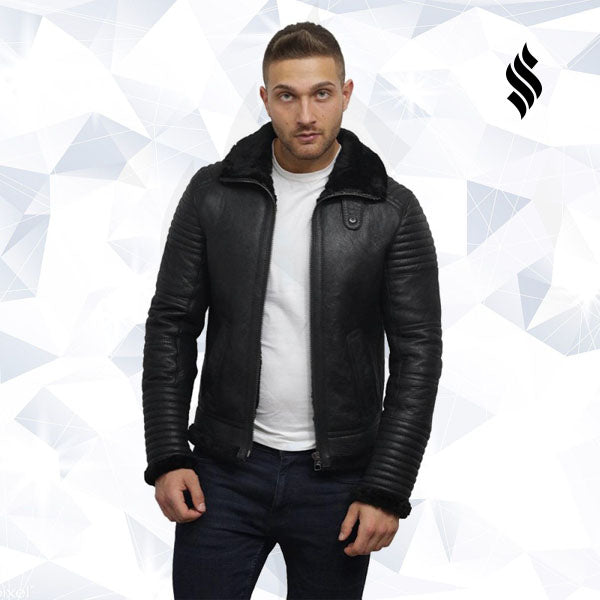 Men's Black Sheepskin Flying Jacket - Shearling leather