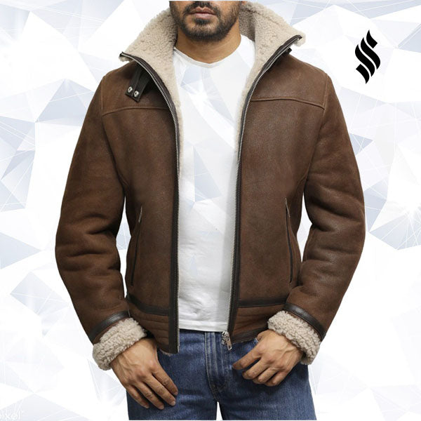 Men's Brown Genuine Shearling Sheepskin Leather Jacket Vintage - Shearling leather