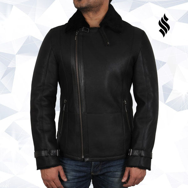 Men's Luxury Aviator Black Leather Shearling Sheepskin Flying Coat - Shearling leather