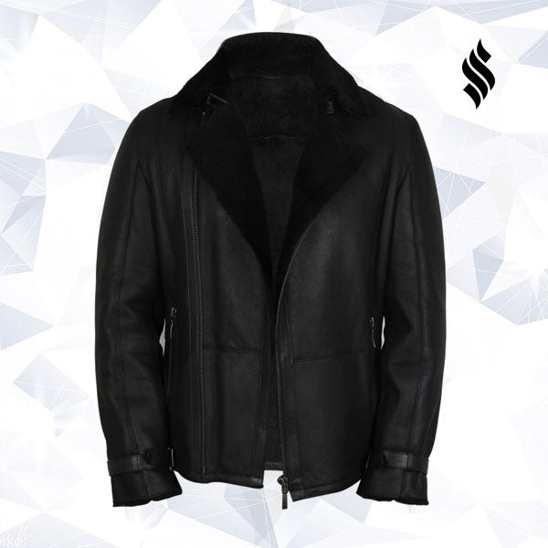 Men's Luxury Aviator Black Leather Shearling Sheepskin Flying Coat - Shearling leather