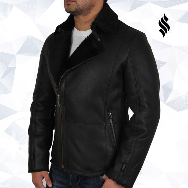 Men's Luxury Aviator Black Leather Shearling Sheepskin Flying Coat - Shearling leather