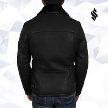 Load image into Gallery viewer, Men&#39;s Luxury Aviator Black Leather Shearling Sheepskin Flying Coat - Shearling leather
