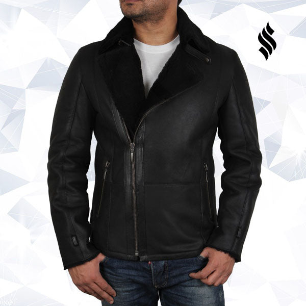 Men's Luxury Aviator Black Leather Shearling Sheepskin Flying Coat - Shearling leather