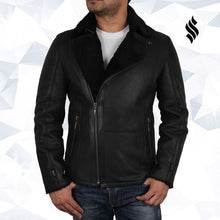 Load image into Gallery viewer, Men&#39;s Luxury Aviator Black Leather Shearling Sheepskin Flying Coat - Shearling leather
