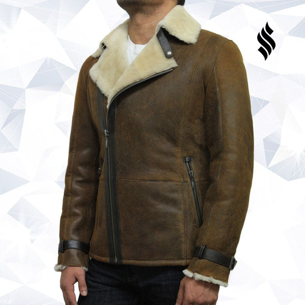 Men's Luxury Shearling Sheepskin Aviator Rust Brown Leather Flying Jacket Coat - Shearling leather