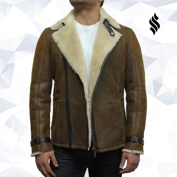 Men's Luxury Shearling Sheepskin Aviator Rust Brown Leather Flying Jacket Coat - Shearling leather