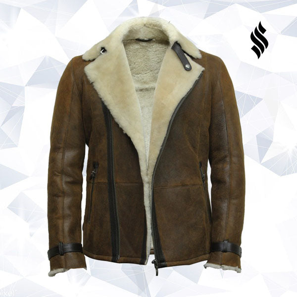 Men's Luxury Shearling Sheepskin Aviator Rust Brown Leather Flying Jacket Coat - Shearling leather