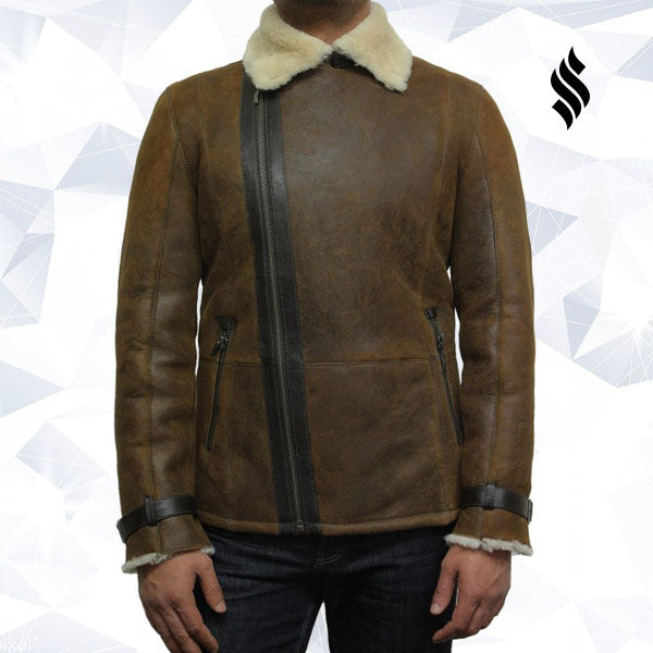 Men's Luxury Shearling Sheepskin Aviator Rust Brown Leather Flying Jacket Coat - Shearling leather