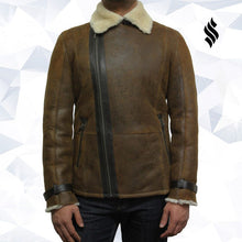 Load image into Gallery viewer, Men&#39;s Luxury Shearling Sheepskin Aviator Rust Brown Leather Flying Jacket Coat - Shearling leather
