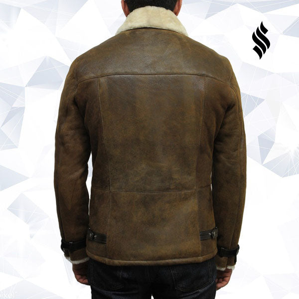 Men's Luxury Shearling Sheepskin Aviator Rust Brown Leather Flying Jacket Coat - Shearling leather