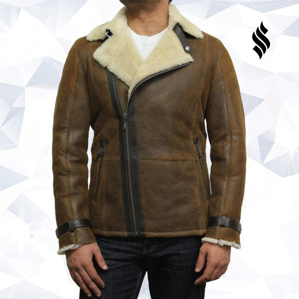 Men's Luxury Shearling Sheepskin Aviator Rust Brown Leather Flying Jacket Coat - Shearling leather
