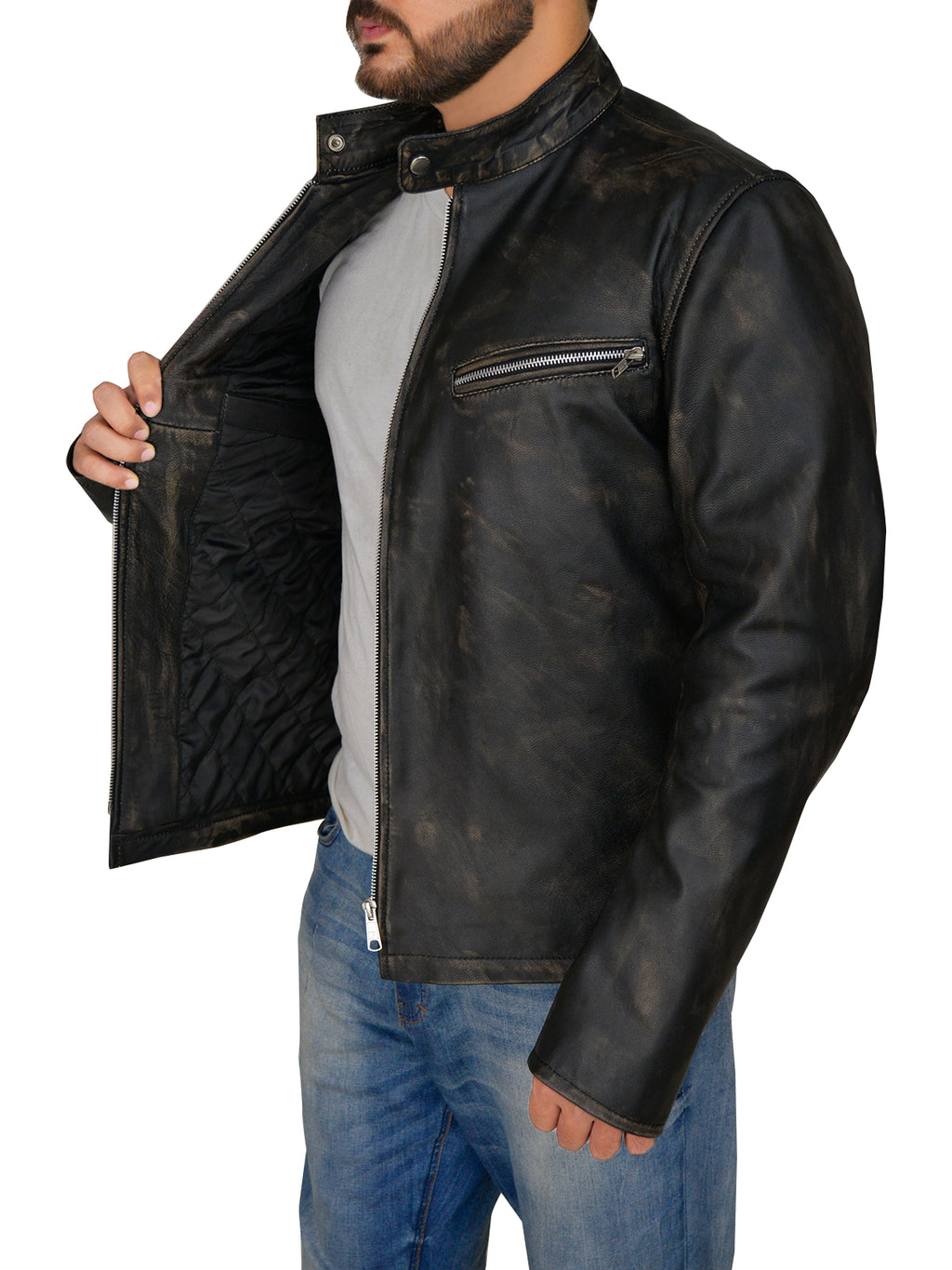 Men Distressed Black Cafe Racer Jacket - Shearling leather