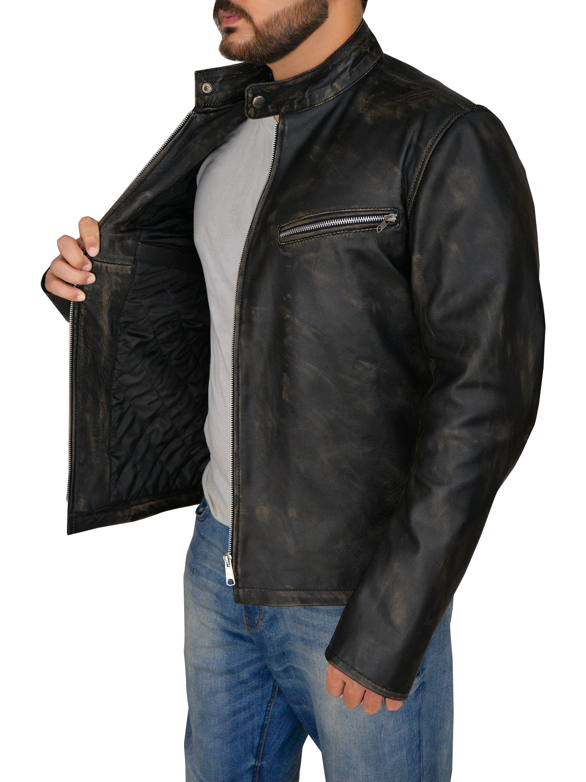 Men Distressed Black Cafe Racer Jacket - Shearling leather