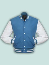 Load image into Gallery viewer, Blue Varsity Jacket - Shearling leather
