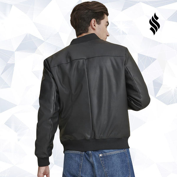 Men Black Leather Bomber Jacket - Shearling leather
