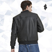 Load image into Gallery viewer, Men Black Leather Bomber Jacket - Shearling leather
