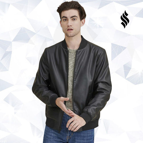 Men Black Leather Bomber Jacket - Shearling leather