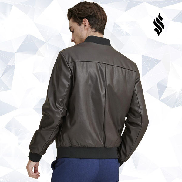 Men Dark Brown Bomber Leather Jacket - Shearling leather