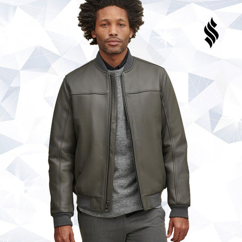 Men Leather Stadium Bomber Jacket - Shearling leather