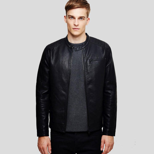 Eric Black Leather Racer Jacket - Shearling leather