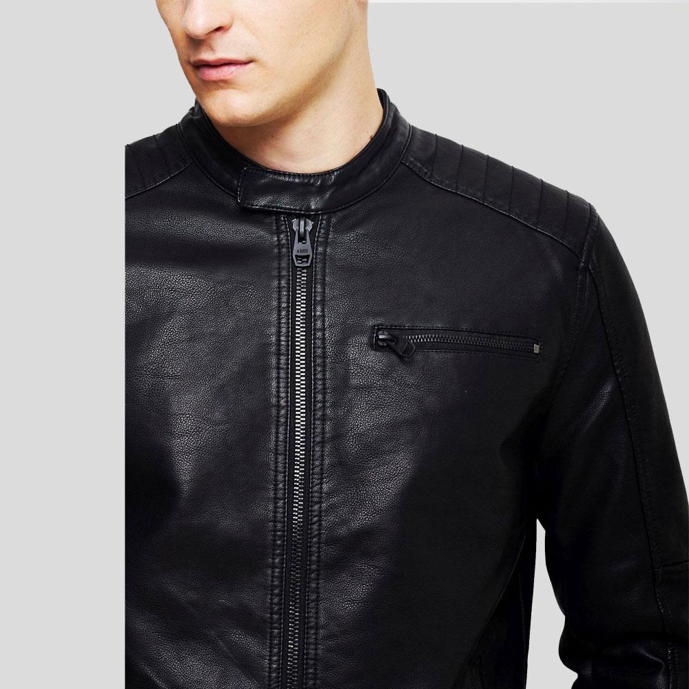 Eric Black Leather Racer Jacket - Shearling leather