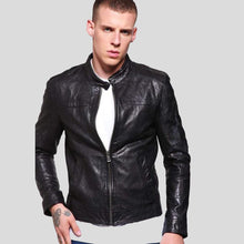 Load image into Gallery viewer, Ferd Black Slim Fit Leather Racer Jacket - Shearling leather
