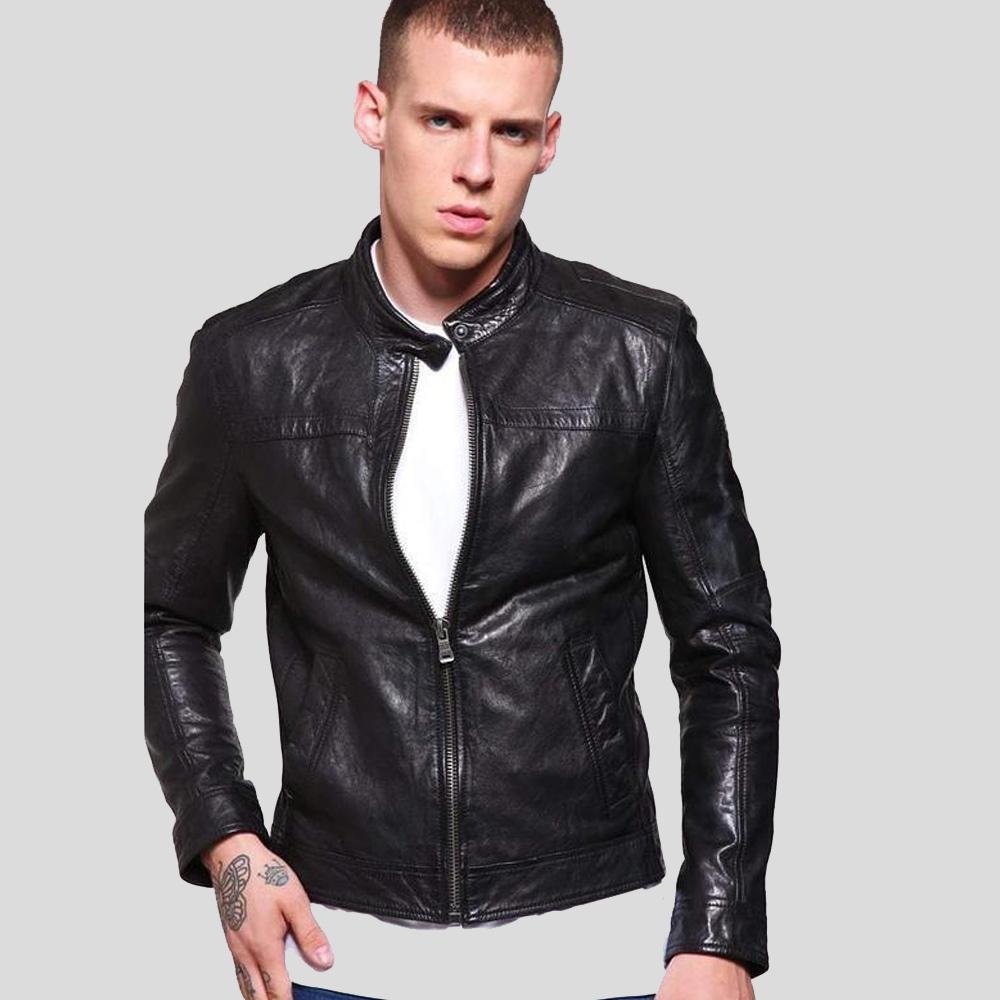 Ferd Black Slim Fit Leather Racer Jacket - Shearling leather