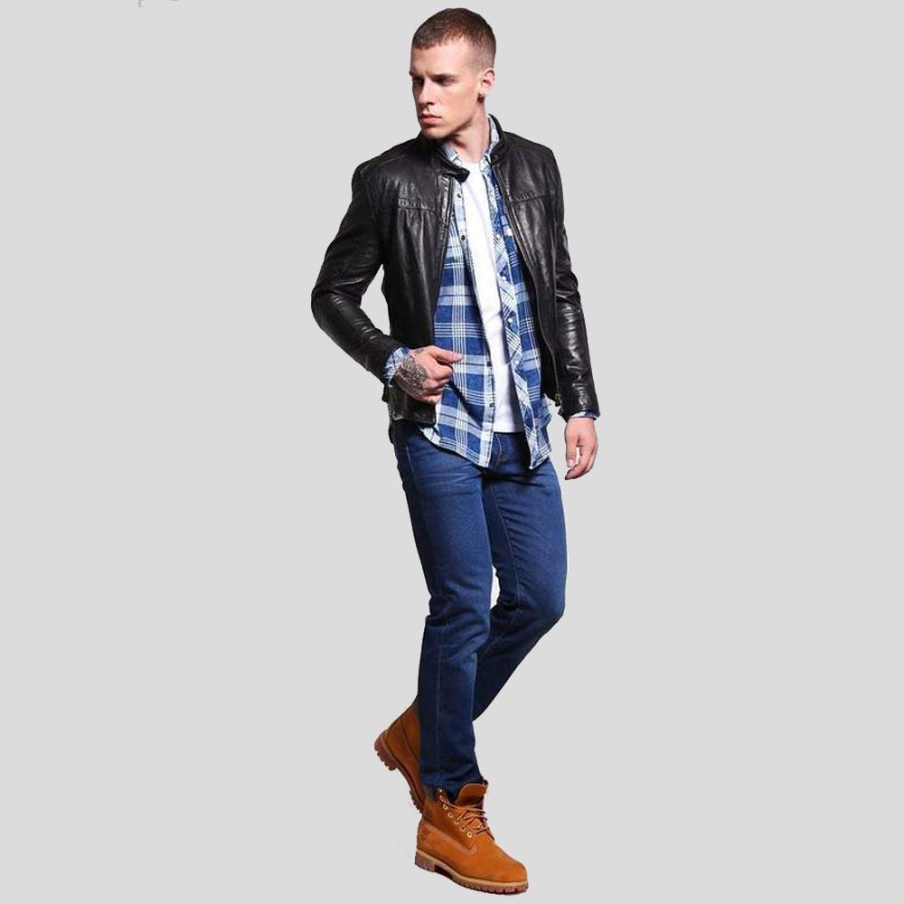 Ferd Black Slim Fit Leather Racer Jacket - Shearling leather