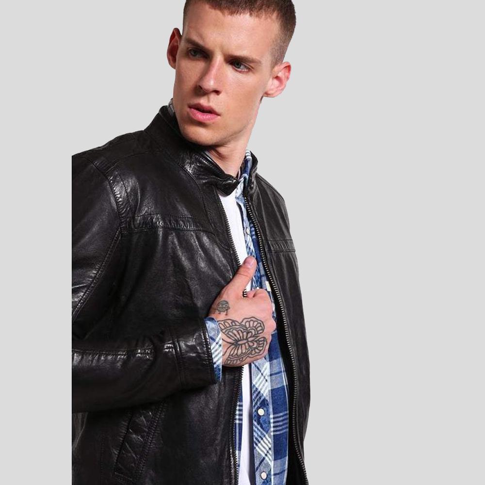 Ferd Black Slim Fit Leather Racer Jacket - Shearling leather