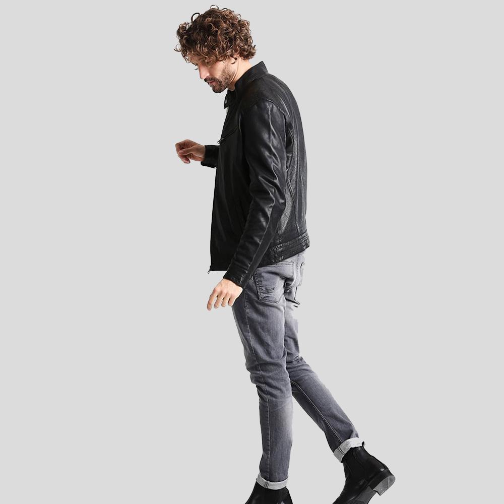 Frank Black Leather Racer Jacket - Shearling leather