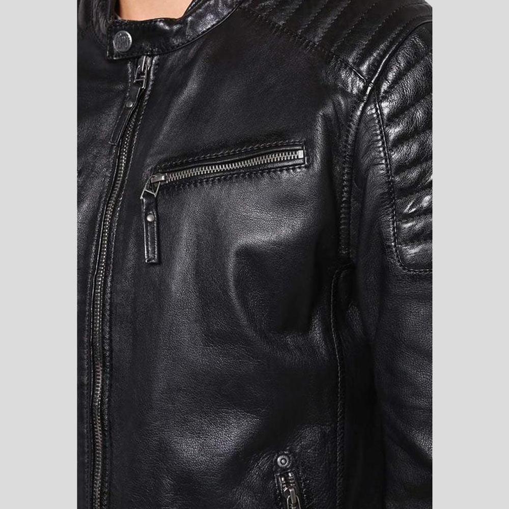 Greg Black Leather Racer Jacket - Shearling leather