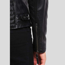 Load image into Gallery viewer, Greg Black Leather Racer Jacket - Shearling leather
