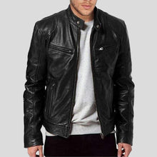 Load image into Gallery viewer, Hamp Black Leather Racer Jacket - Shearling leather
