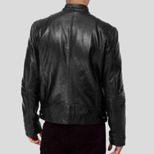 Load image into Gallery viewer, Hamp Black Leather Racer Jacket - Shearling leather
